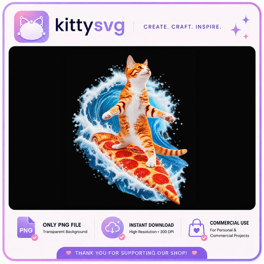 Cat Surfing On Pizza Wave PNG, Funny Cat PNG, Cat Lover PNG