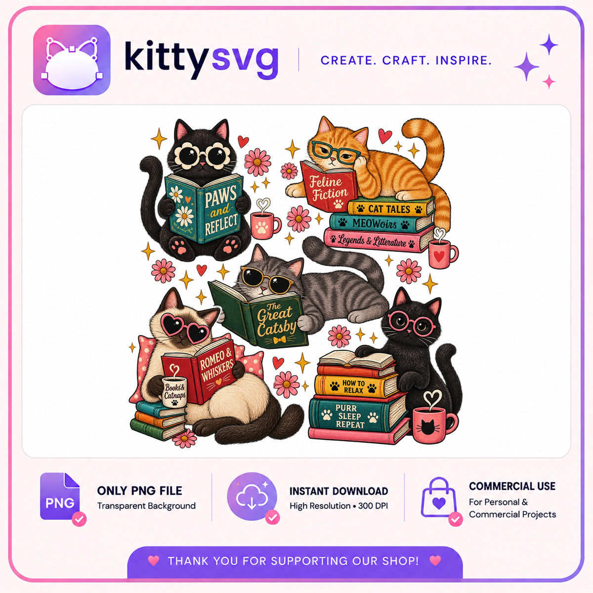 Cats Reading Books PNG, Bookish Cat Lover PNG, Book Nerd PNG