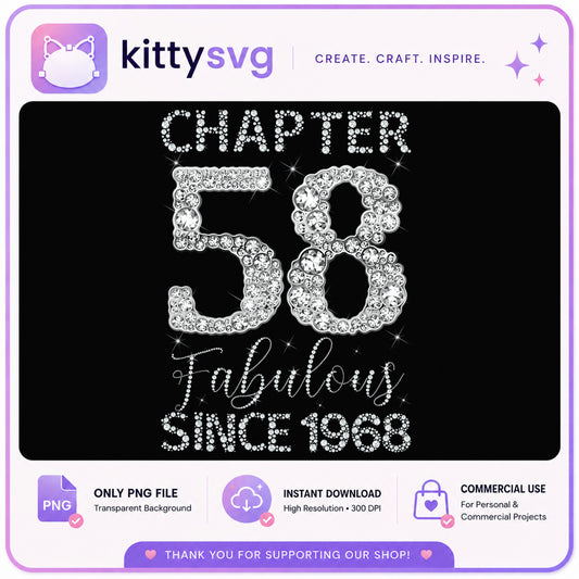 Chapter 58 Fabulous Since 1968 PNG, 58th Birthday PNG, Rhinestone Birthday PNG