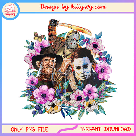 Characters floral colorful halloween design png, horror movie characters png