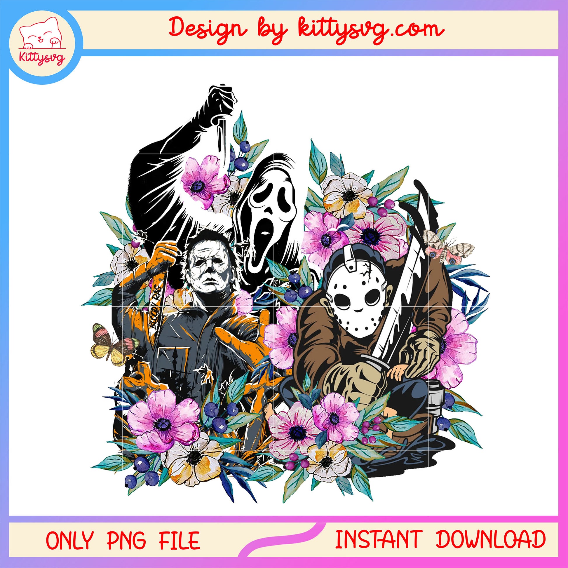 Characters floral horror drawing design png, horror halloween png