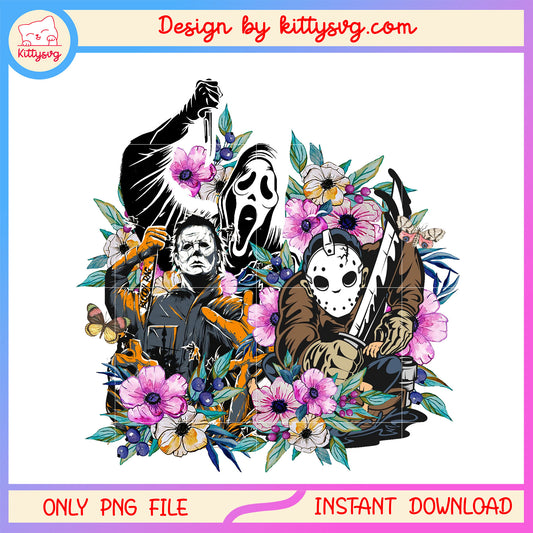 Characters floral horror drawing design png, horror halloween png