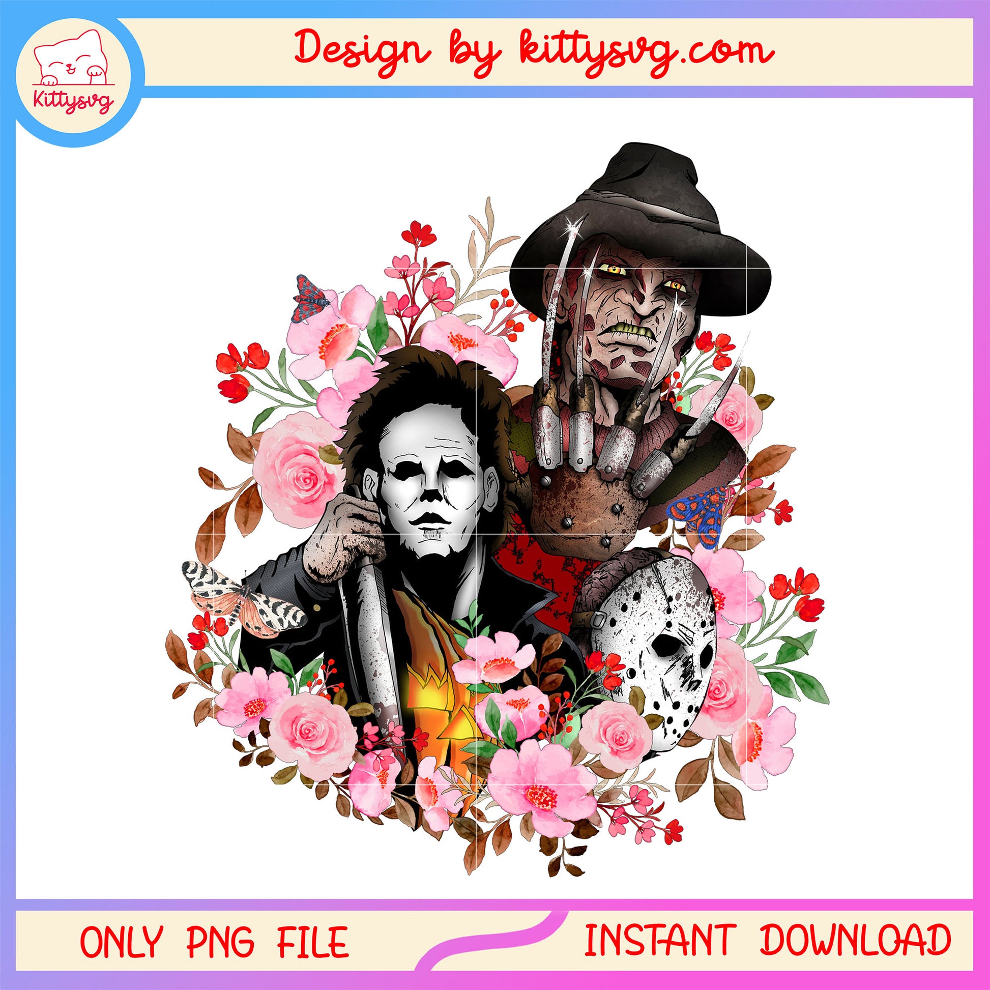 Characters floral horror halloween design png, horror movie characters png