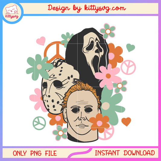 Characters head floral halloween png, happy halloween day png