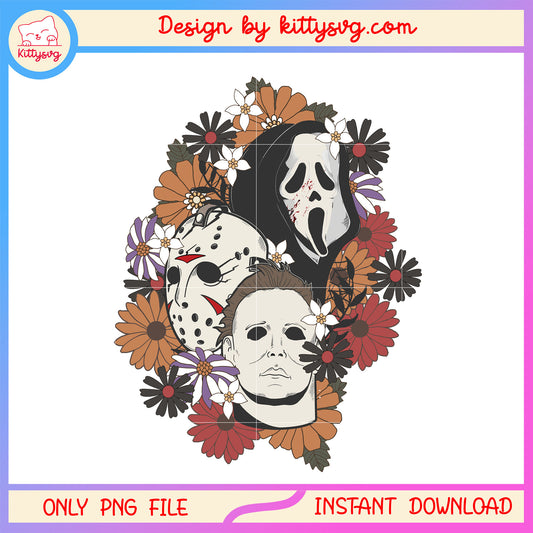 Characters spooky floral drawing design png, killers face png