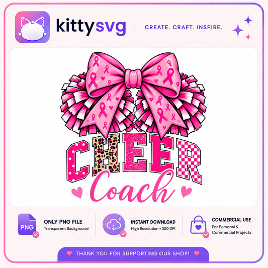 Cheer Coach Pink Ribbon Bow Pom Pom PNG, Breast Cancer PNG, Cheerleader PNG