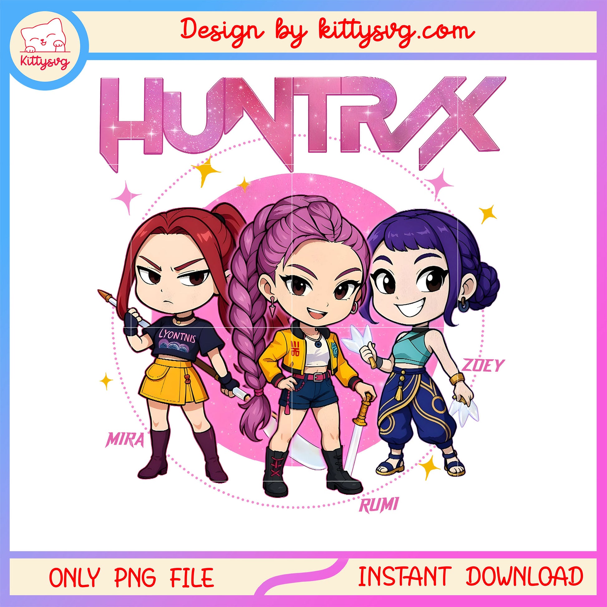 Chibi huntrix members design png, huntrix kpop demon hunters png