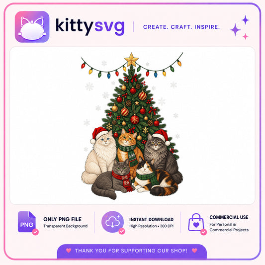 Christmas Cats With Christmas Tree PNG, Cat Santa PNG, Holiday PNG