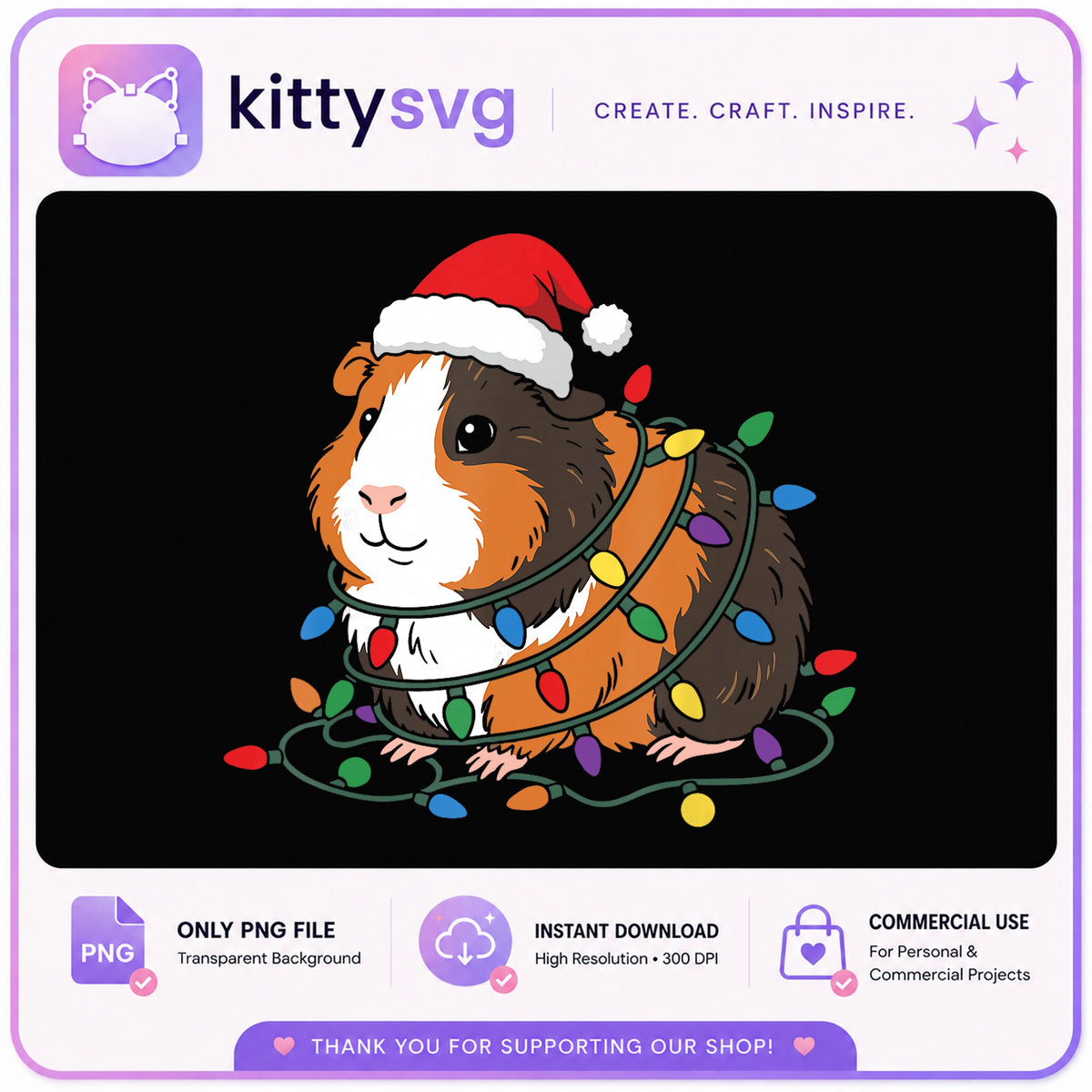 Christmas Guinea Pig PNG, Santa Hat Guinea Pig, Christmas Lights PNG