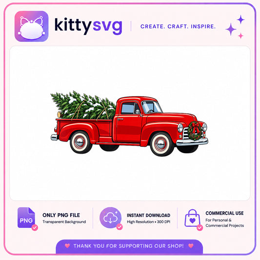 Christmas Red Truck With Tree PNG, Vintage Truck Clipart, Christmas PNG