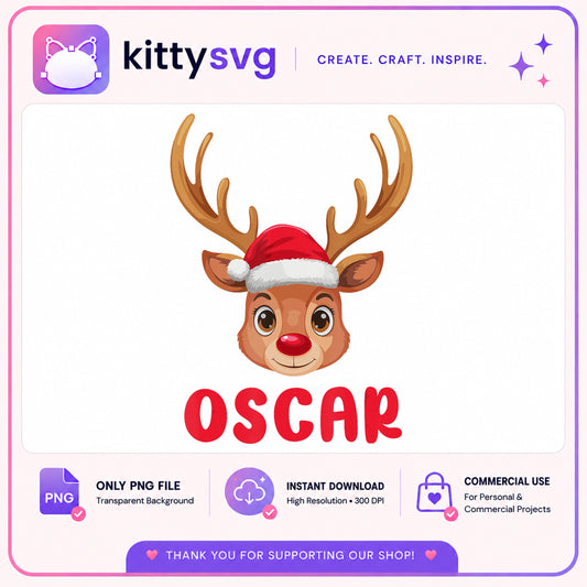 Christmas Reindeer Custom Name PNG, Cute Deer Santa Hat PNG, Holiday PNG