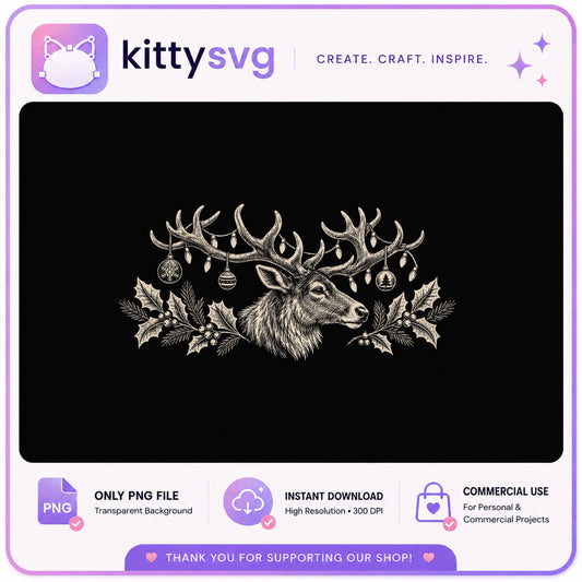 Christmas Reindeer PNG, Vintage Deer Holly PNG, Holiday PNG