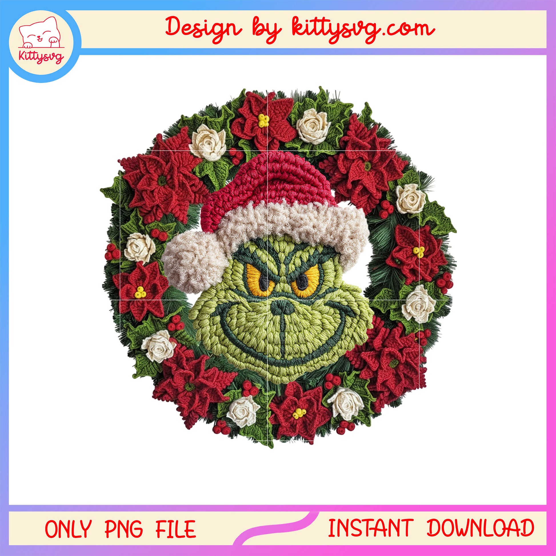 Christmas flower wreath grinch face crochet png, christmas decor png