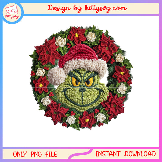 Christmas flower wreath grinch face crochet png, christmas decor png