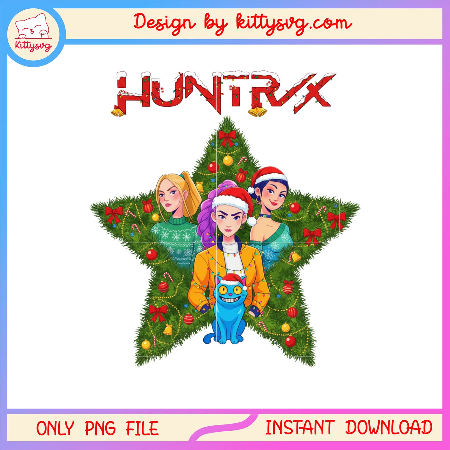 Christmas huntrix cat kpop star wreath png, kpop huntrix png