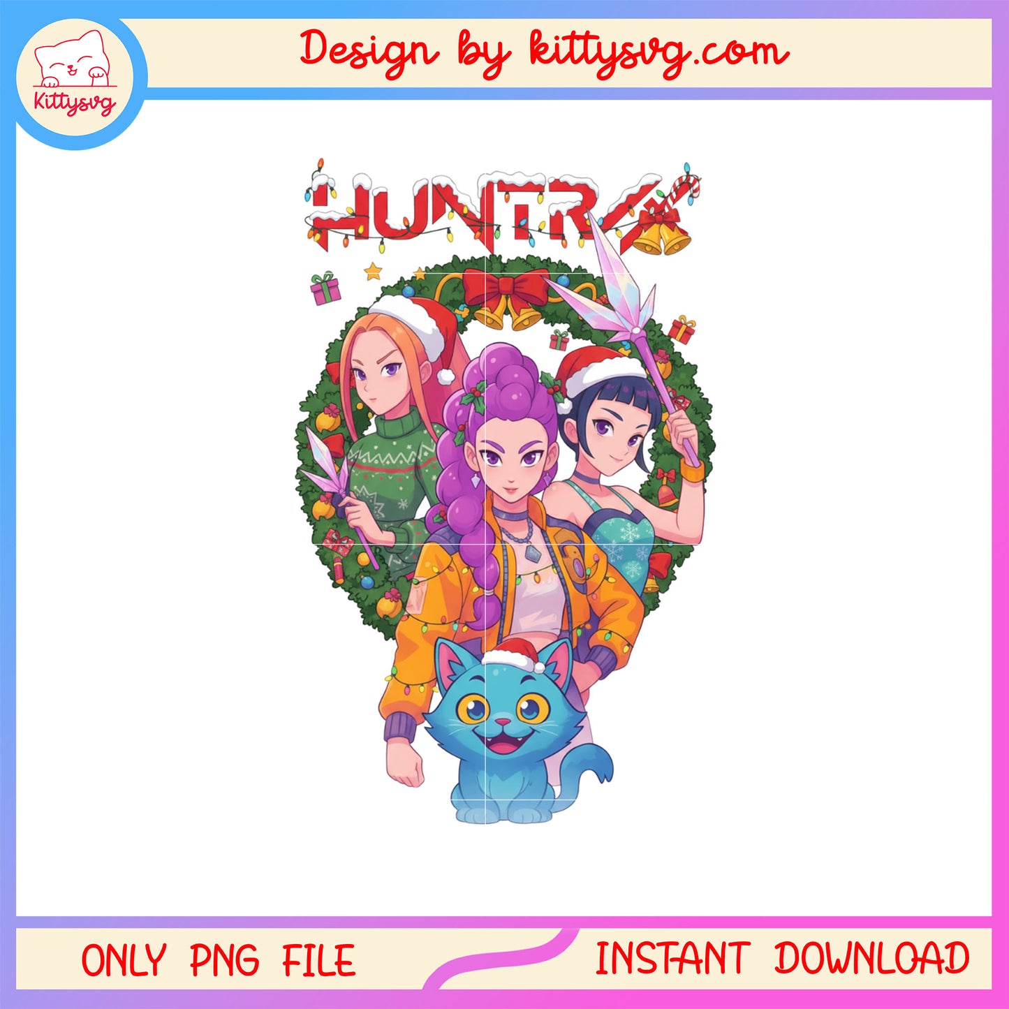 Christmas huntrix cat kpop wreath png, huntrix characters png