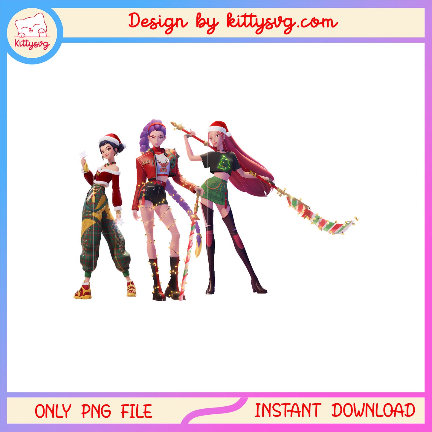 Christmas huntrix members hunters posing png, huntrix kpop cast png