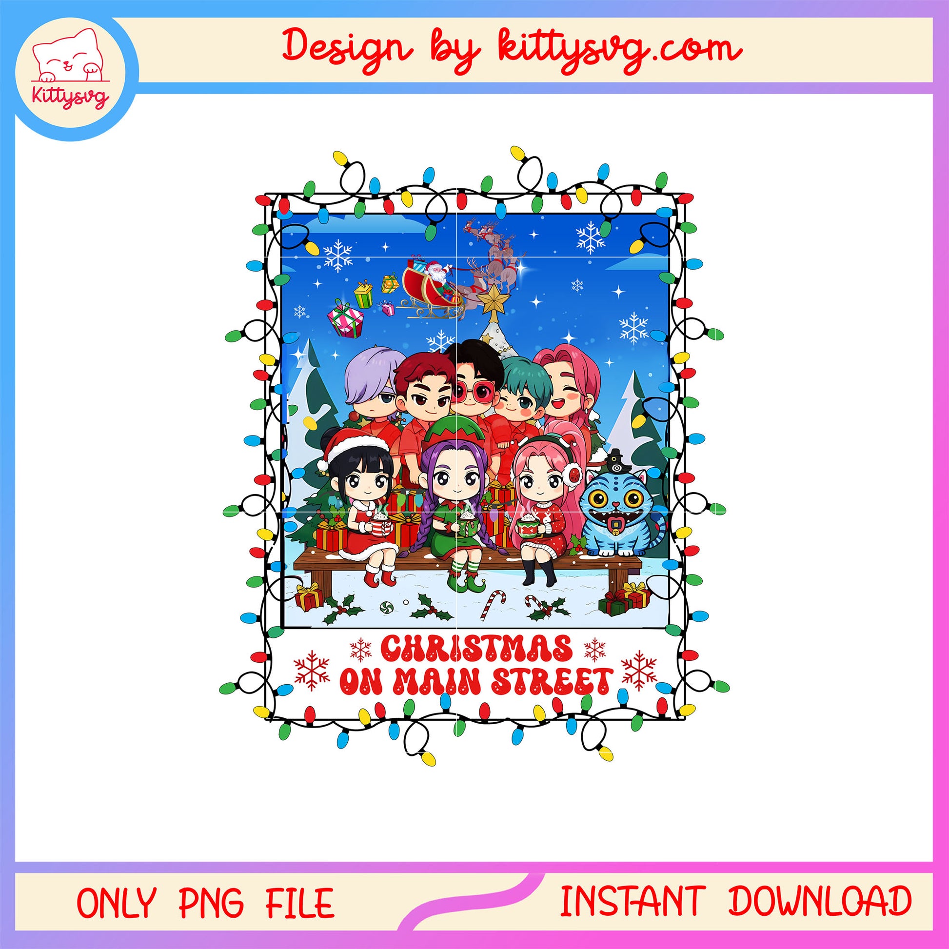 Christmas on main street kpop members frame png, happy xmas png