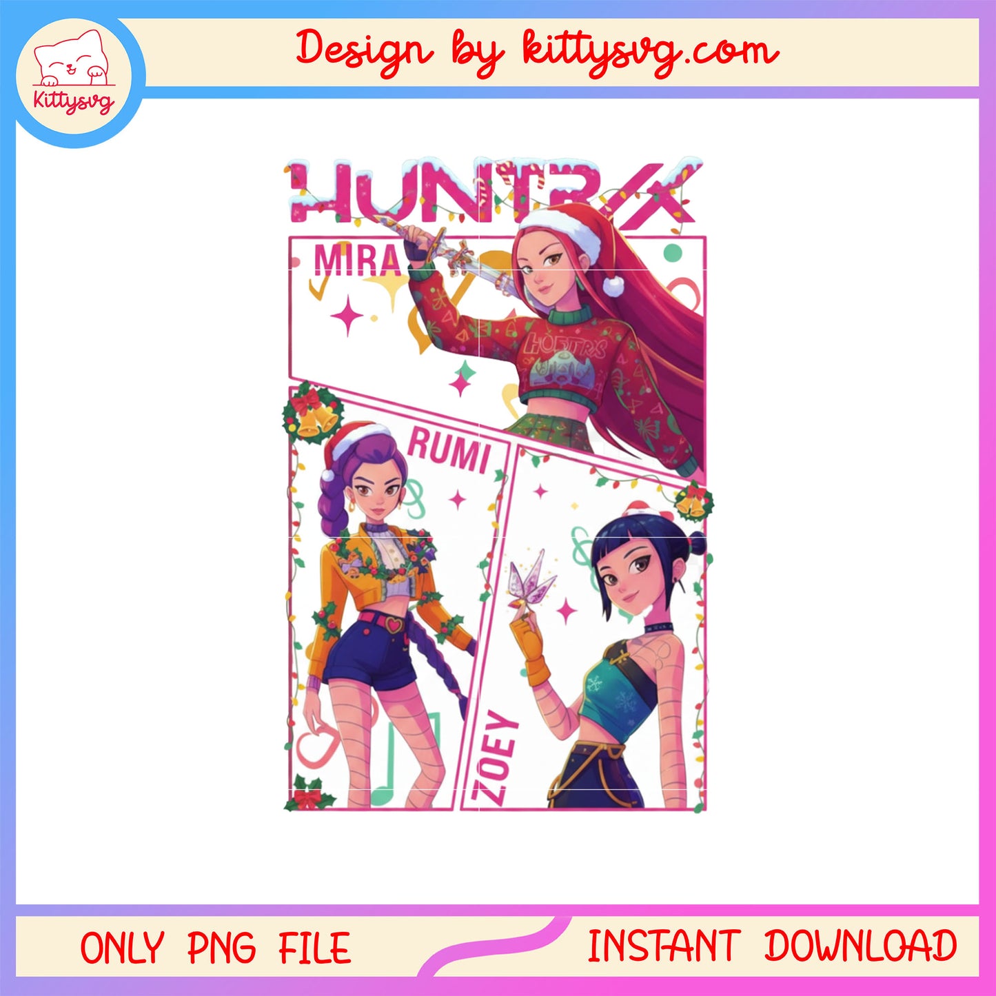 Christmas rumi mira zoey huntrix kpop png, huntrix team png