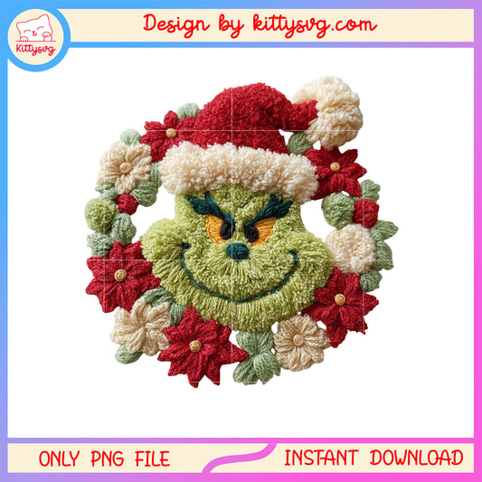 Christmas wreath grinch face patchwork png, christmas wreath png