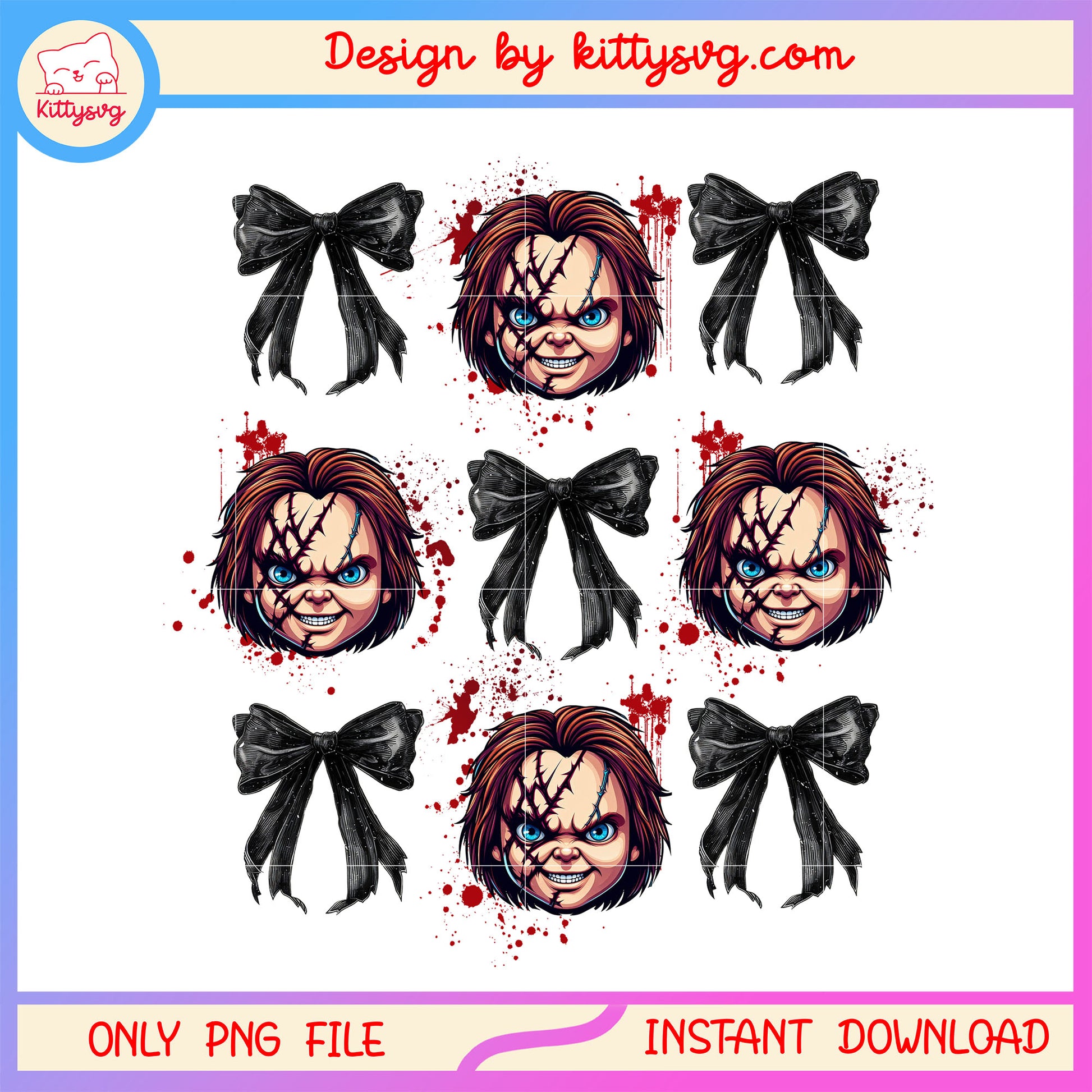 Chucky black bow png, Chucky character horror face png