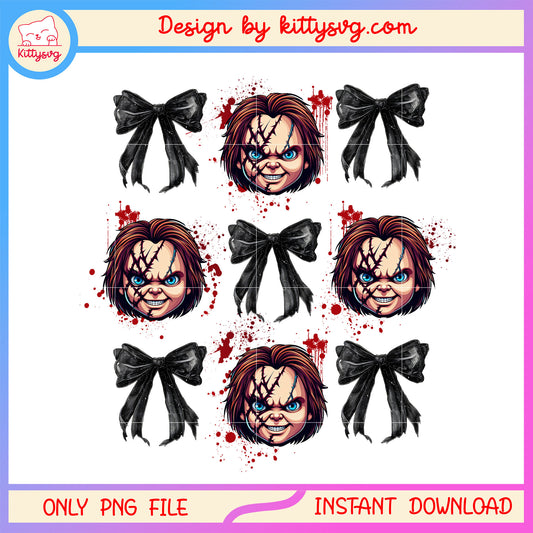 Chucky black bow png, Chucky character horror face png