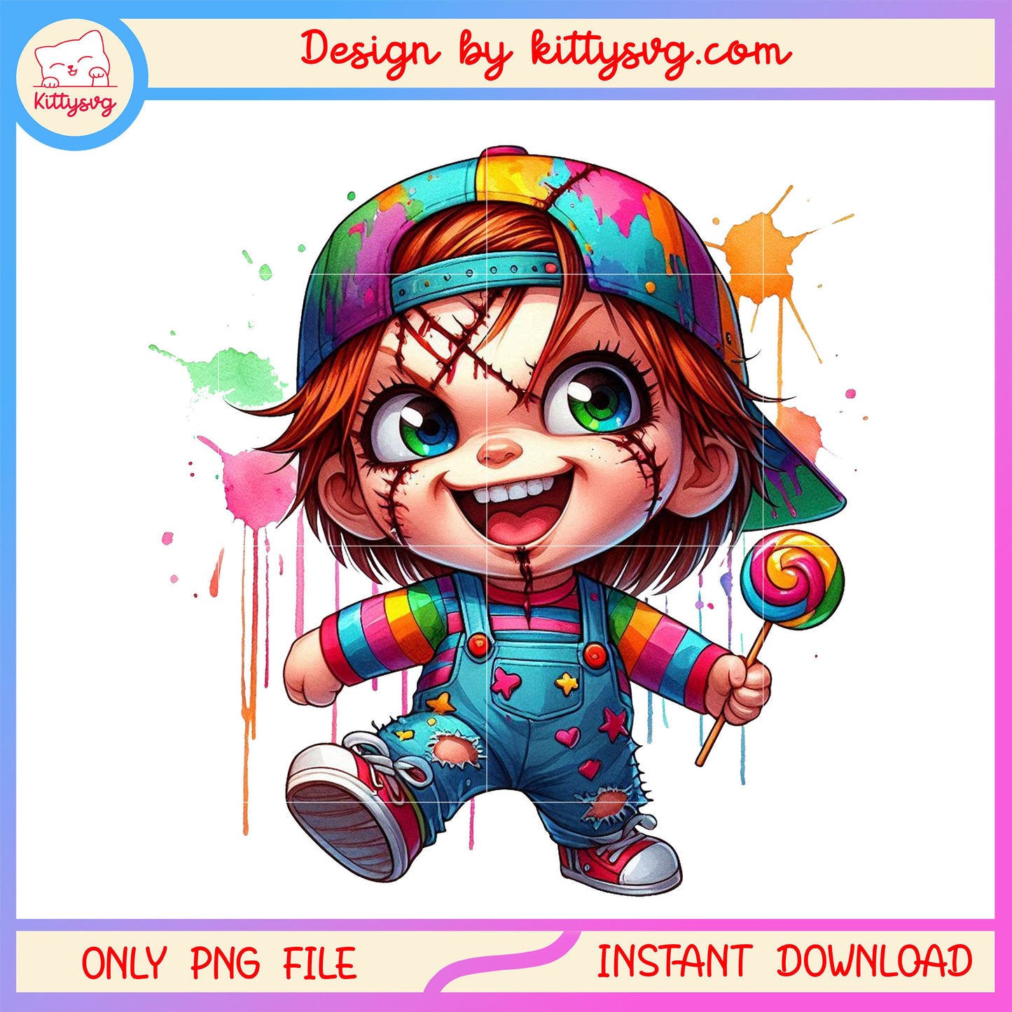 Chucky chibi colorful design png, halloween scary film png