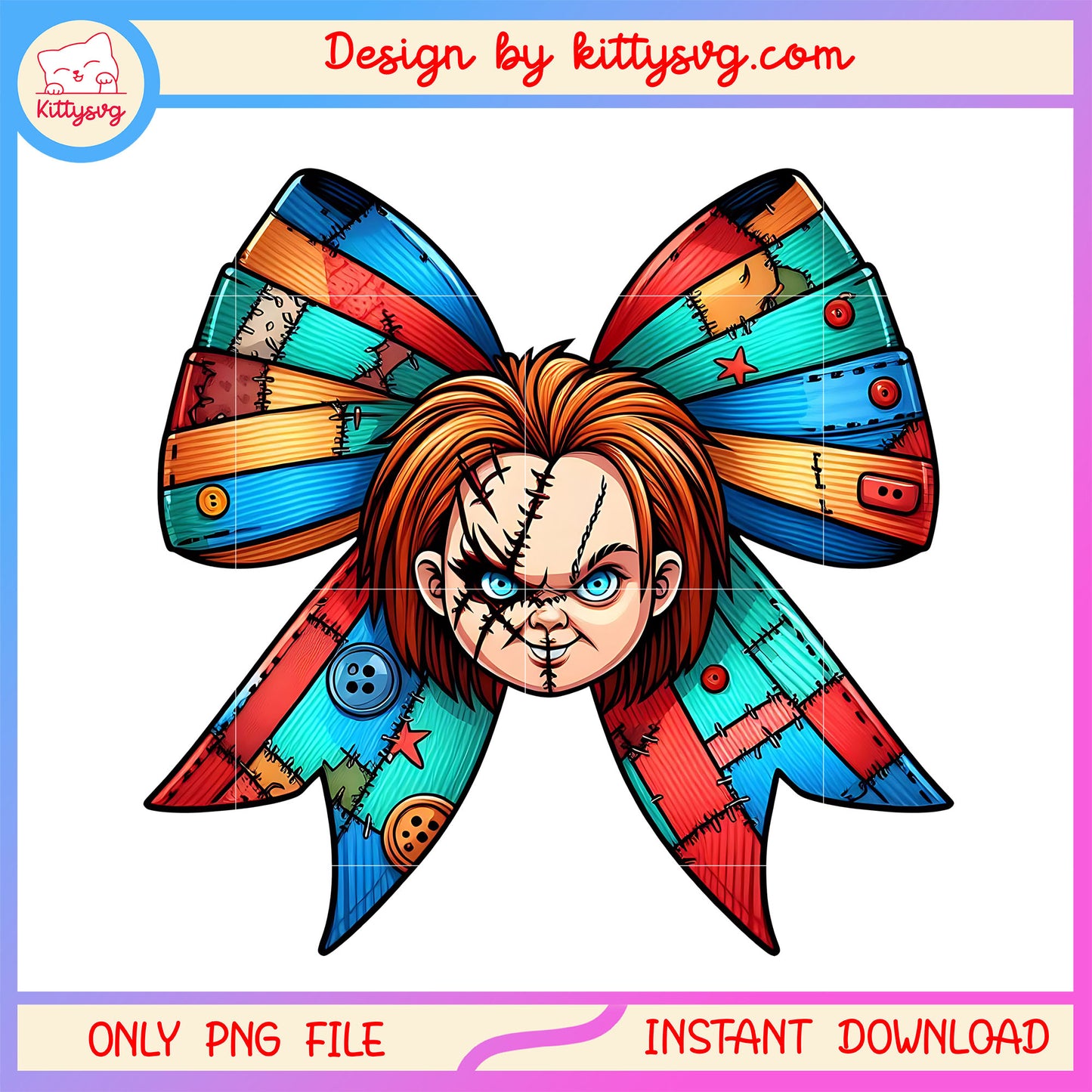 Chucky face bow halloween design png, child's play chucky png