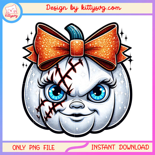 Chucky face bow pumpkin halloween design png, halloween costume png