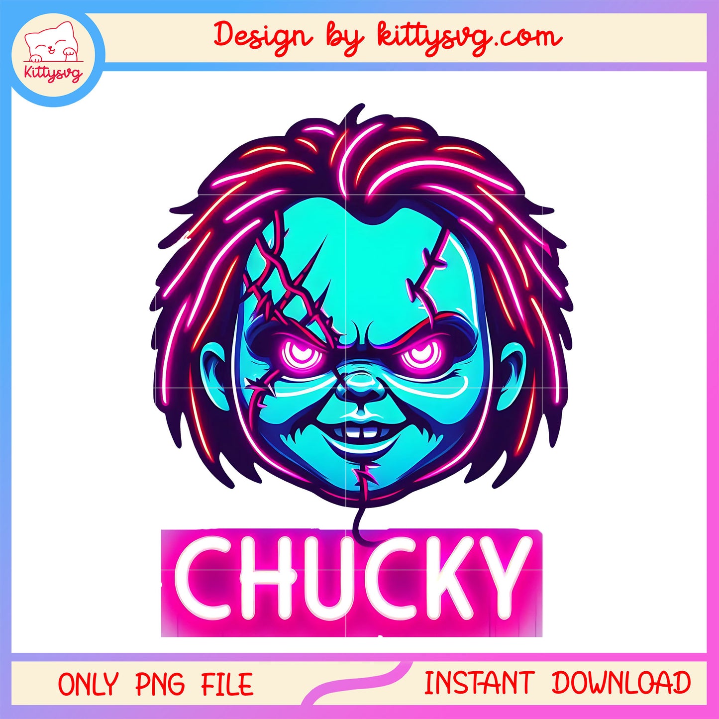 Chucky head neon halloween design png, halloween chucky character png