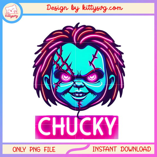 Chucky head neon halloween design png, halloween chucky character png