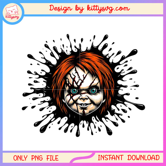 Chucky head splatter effect png, chucky face png, horror movie png