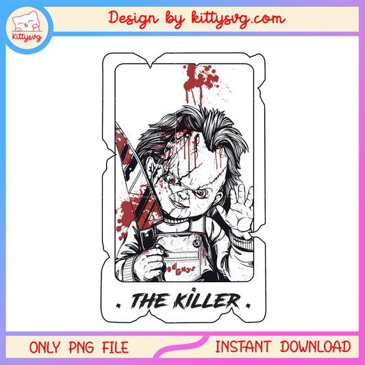 Chucky horror tarot card design png, horror tarot card png