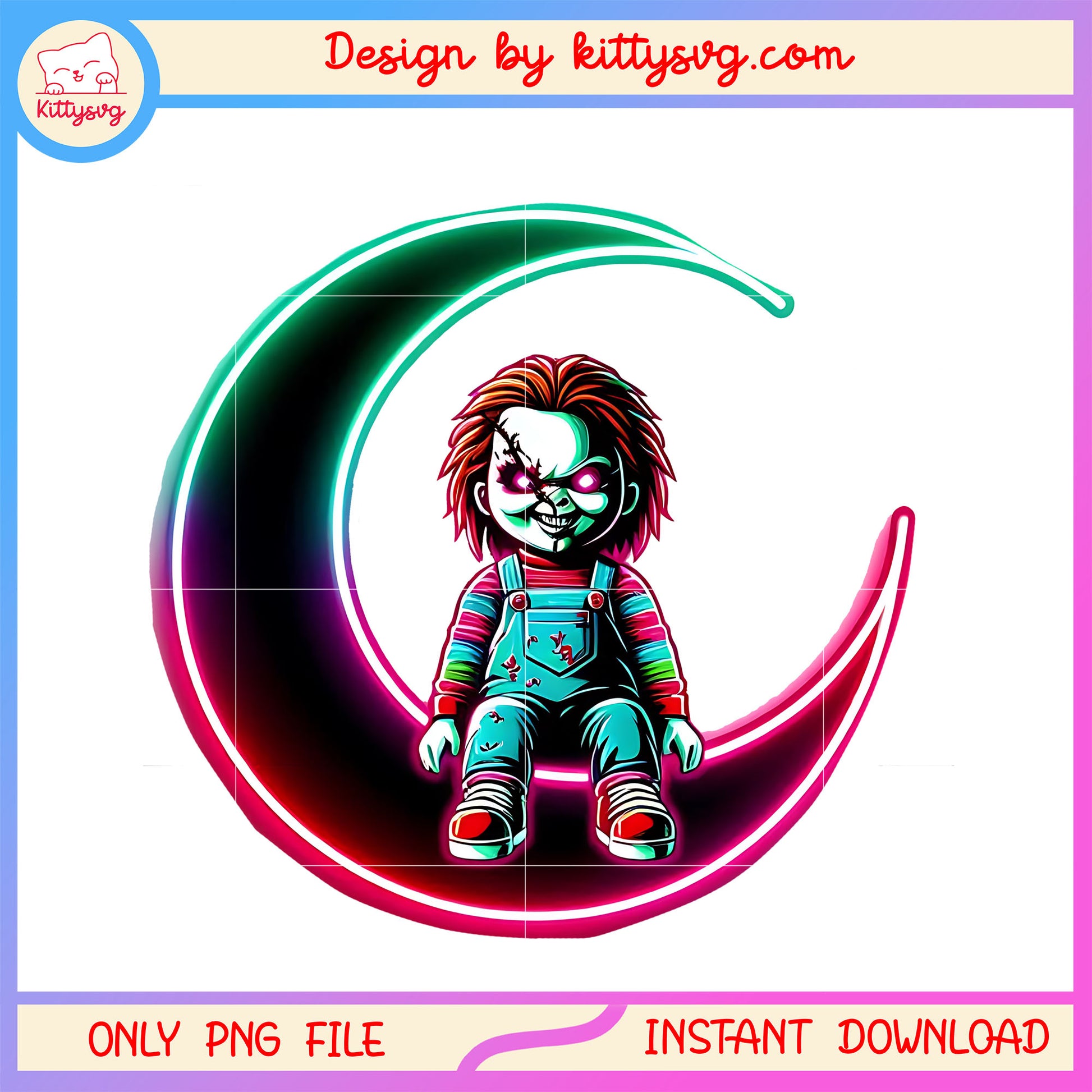 Chucky moon neon halloween design png, child's play halloween film png