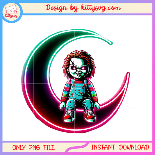 Chucky moon neon halloween design png, child's play halloween film png