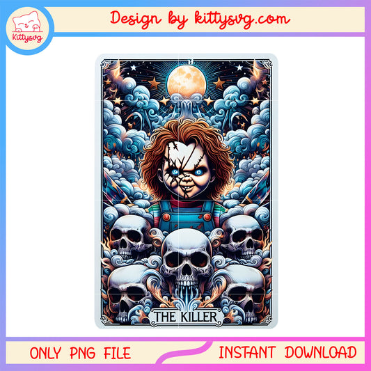 Chucky tarot card design png, child's play png, halloween tarot card png