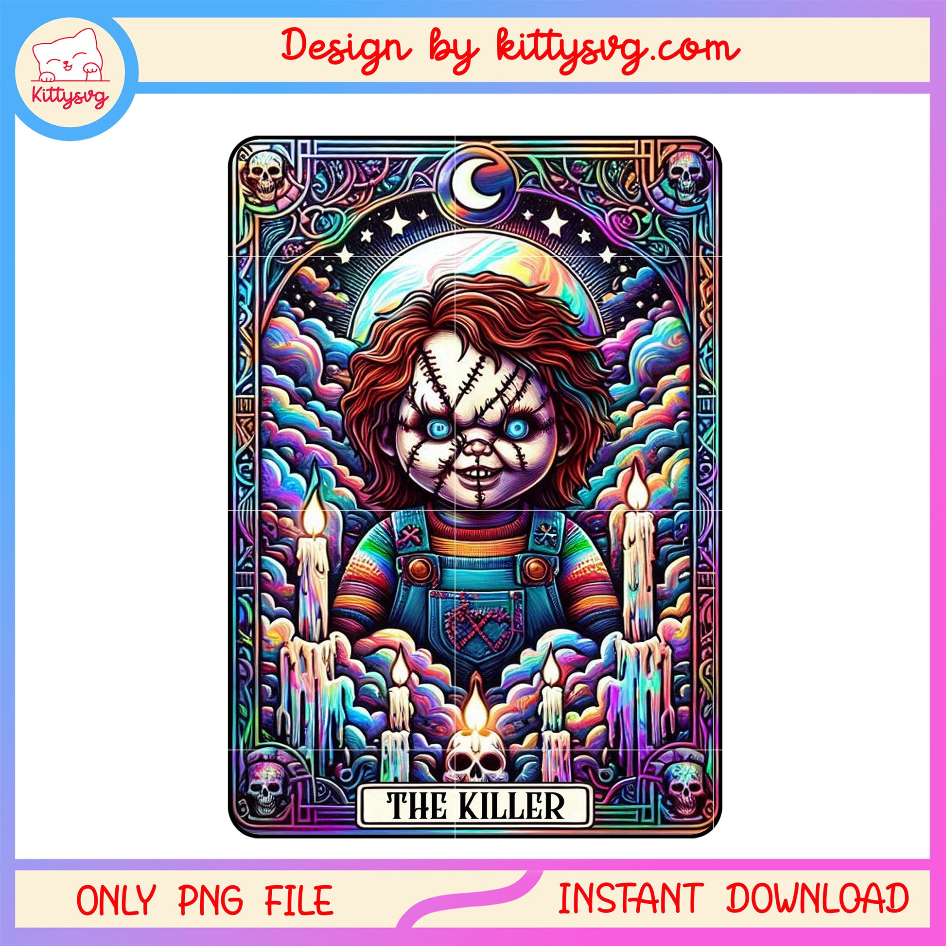 Chucky the killer cloudy fantasy tarot card png, halloween tarot card png