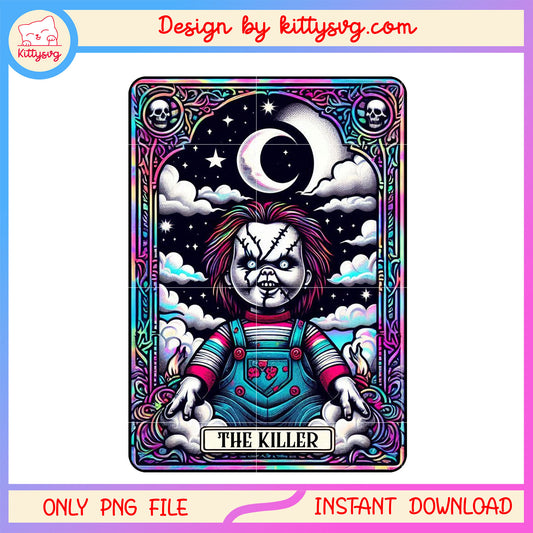 Chucky the killer crescent moon tarot card png, chucky tarot card png