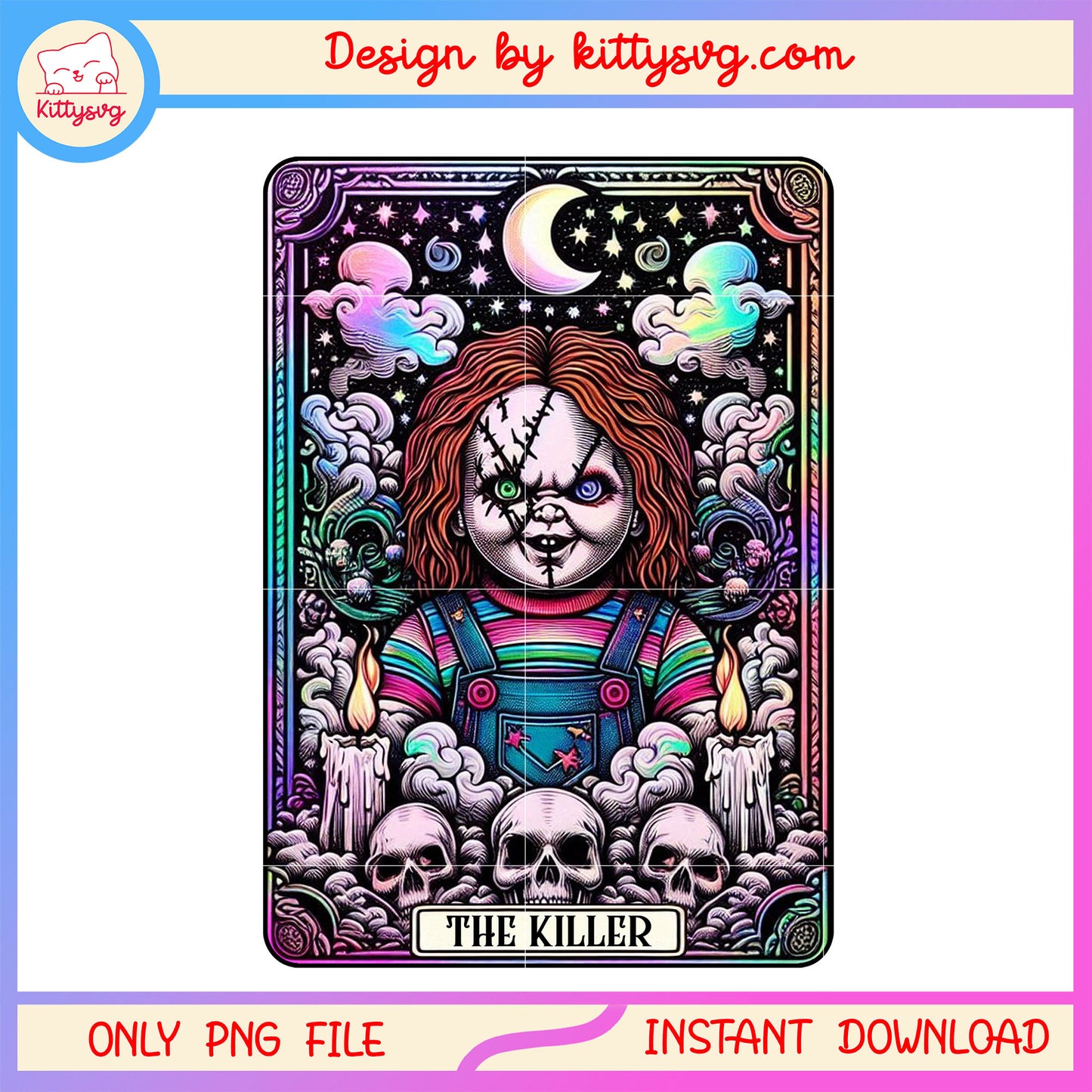 Chucky the killer skull tarot card png, tarot card png, holiday horror png