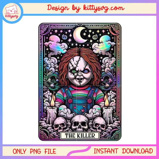 Chucky the killer skull tarot card png, tarot card png, holiday horror png