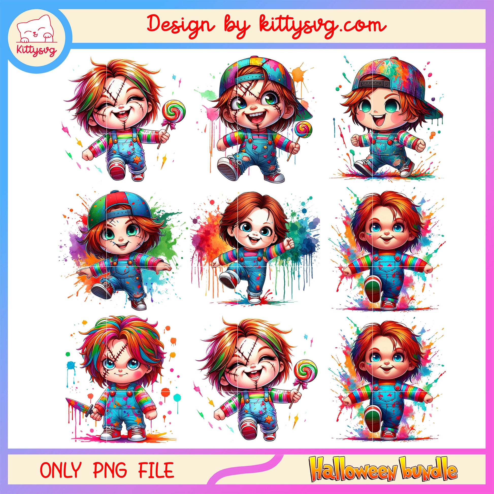 Chucky water color halloween design bundle png, chucky horror​ png