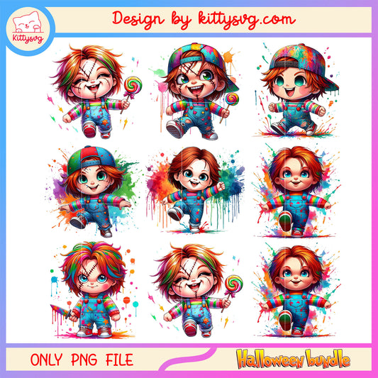 Chucky water color halloween design bundle png, chucky horror​ png