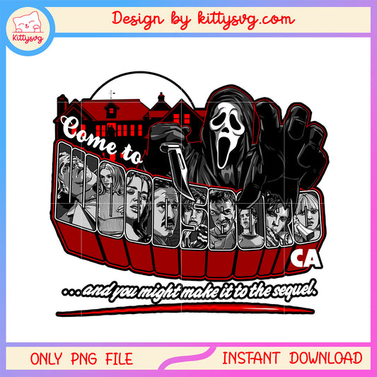 Come to woodsboro horror movie design png, ghostface scream png
