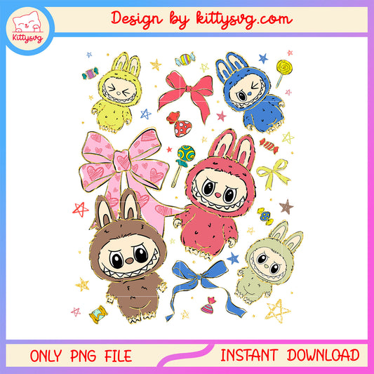 Coquette bow and labubu dolls design png, all labubu colors png