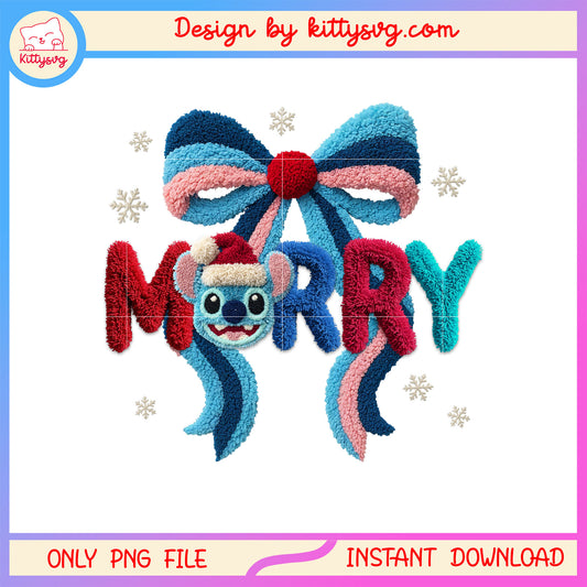 Coquette bow merry christmas stitch face crochet png, sticth disney png