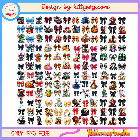 Coquette halloween disney characters bundle png, disney halloween png