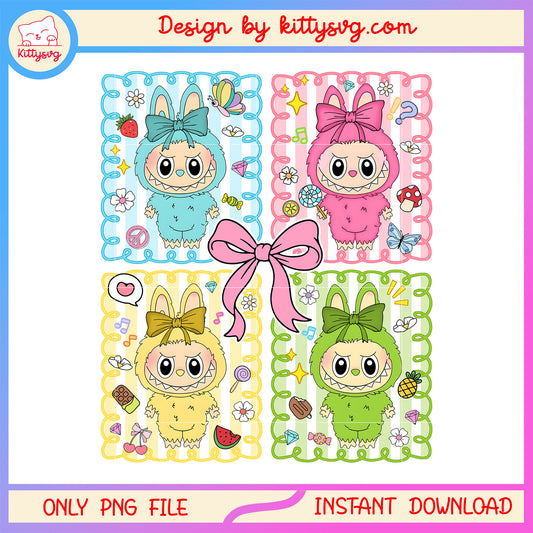 Coquette ribbon and labubu pastel frame design png, labubu toy png