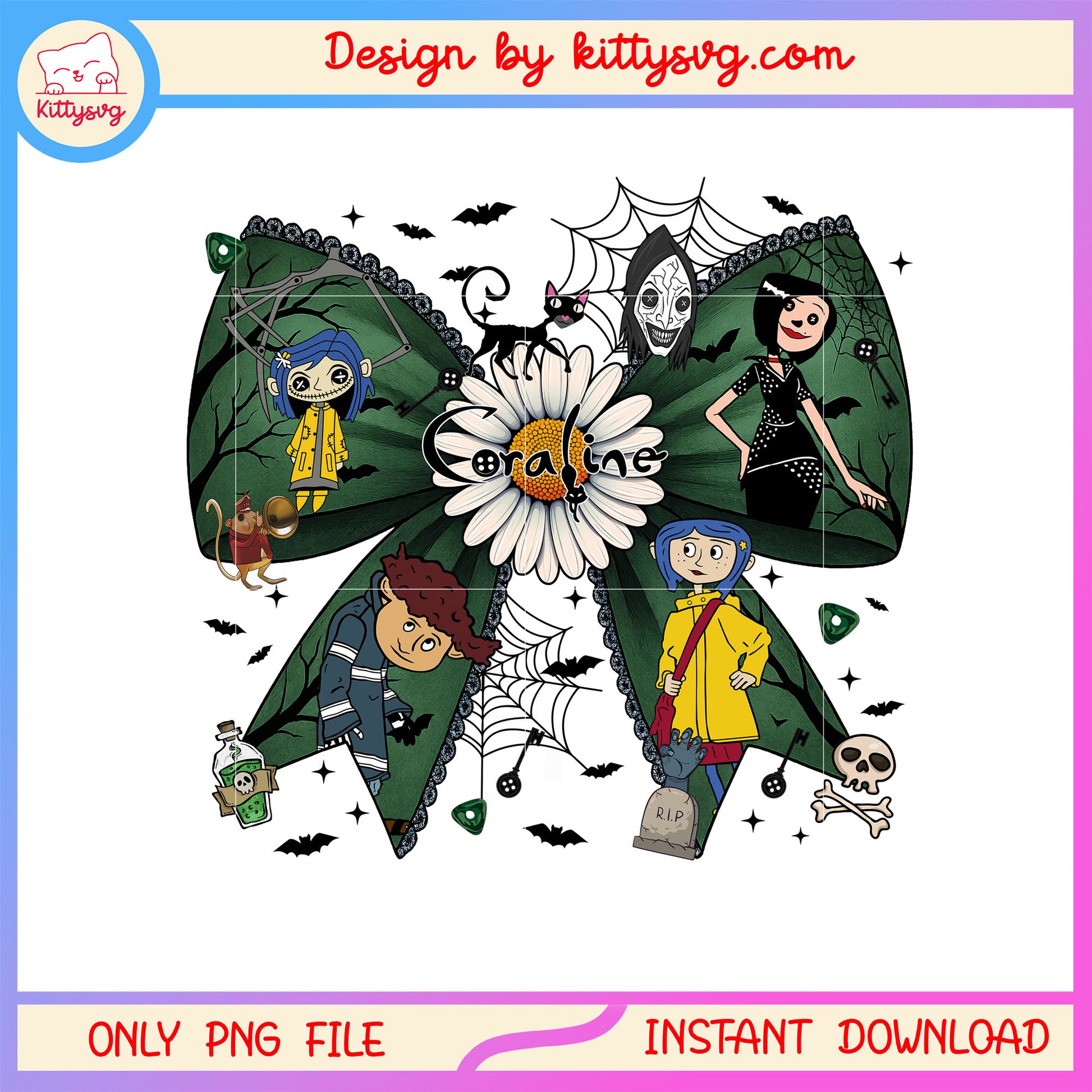 Coquette ribbon halloween coraline png, coraline halloween png