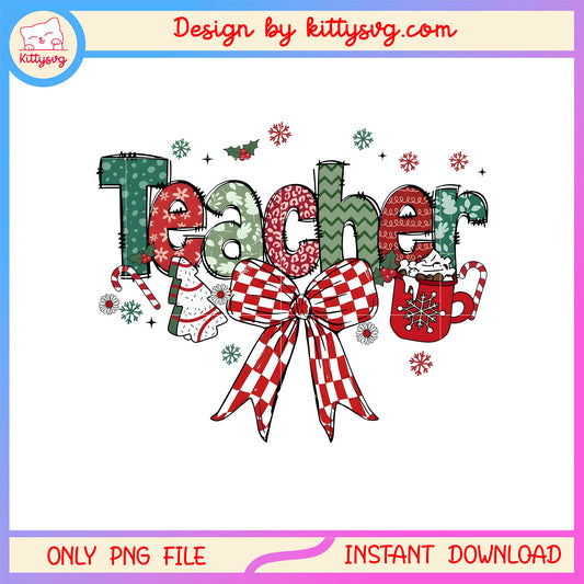 Coquette teacher merry christmas png, teacher christmas shirts png