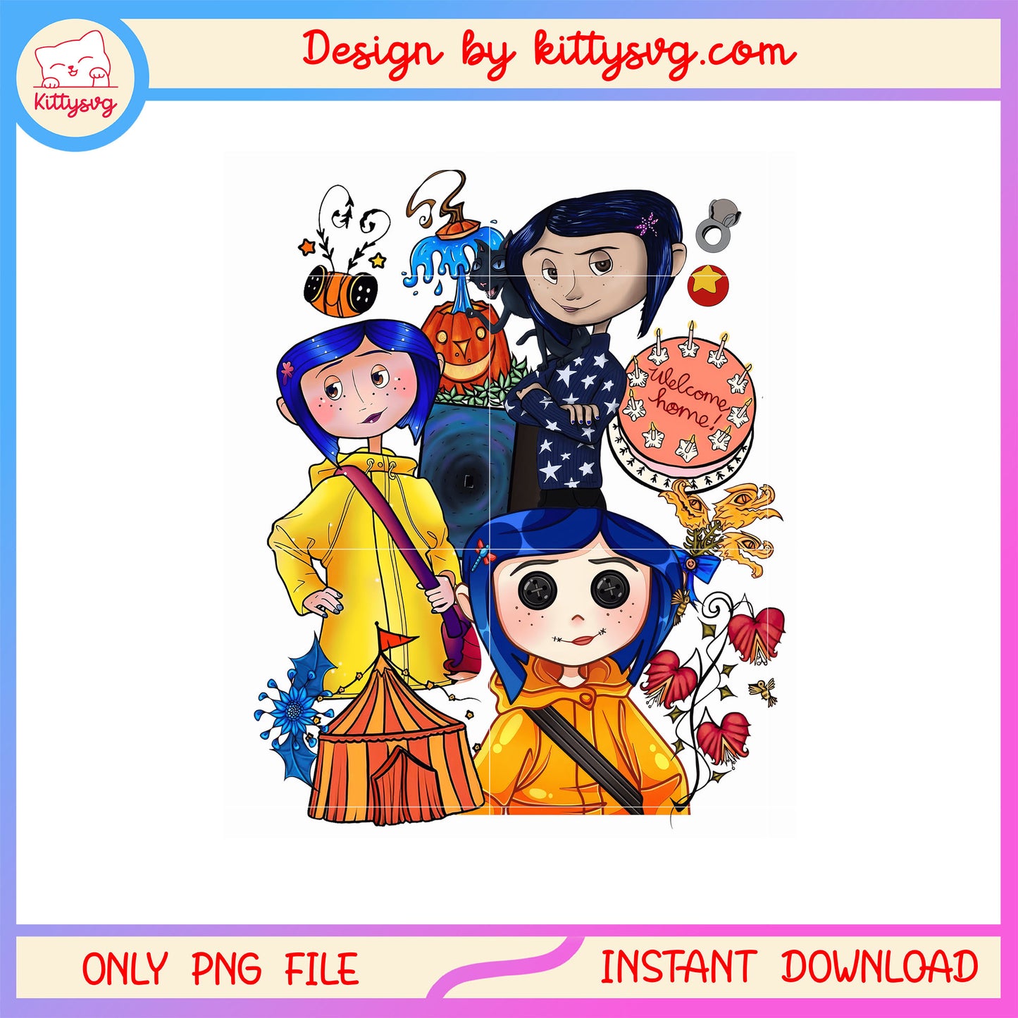 Coraline character welcome home graphic png, coraline merch png